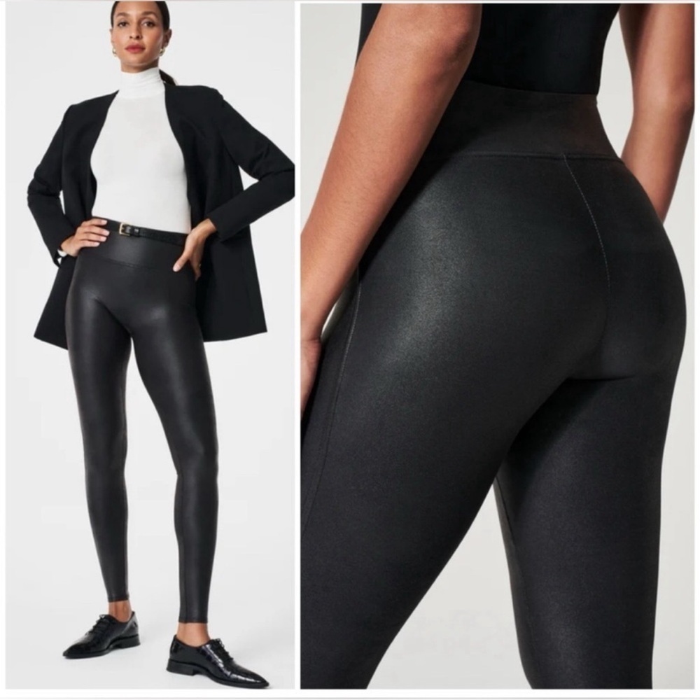 Spanx Women’s Size Medium Faux Leather Leggings Black High Rise Shapewear